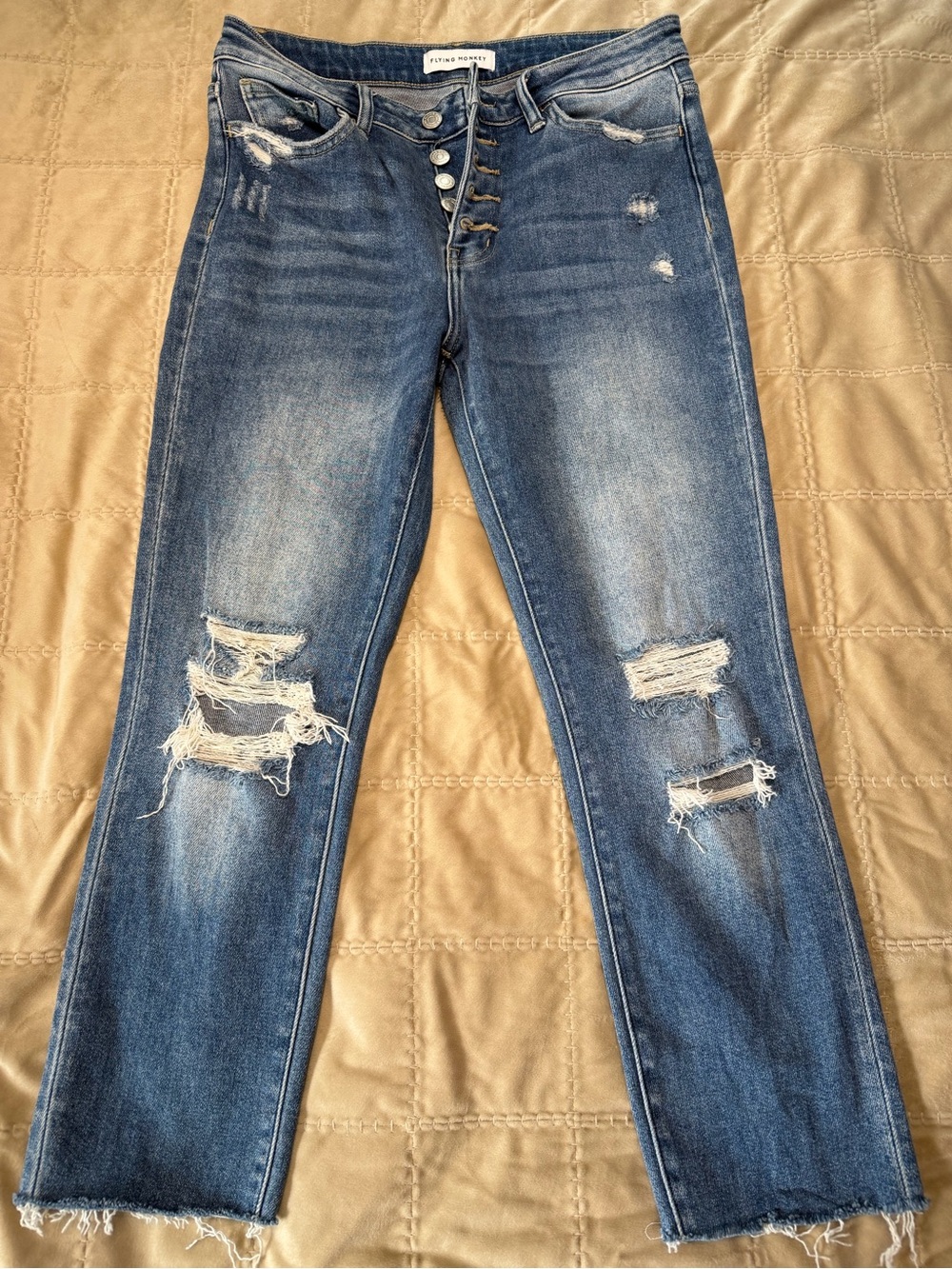 Flying Monkey Women's Straight Leg Distressed Jeans - Medium Blue
